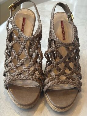 Prada Braided Leather Espadrille Wedge Sandals Taupe Brown Size 5.5-6